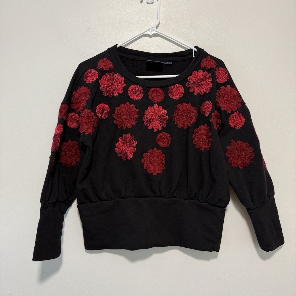 Anthropologie Maeve Red Floral Yarn Embroidered Black Sweatshirt Size Medium - Picture 4 of 8